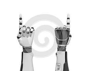 3d rendering of two robotic arms with all fingers in a fist except the index finger pointing out.