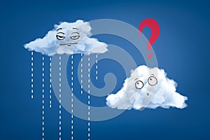 3d rendering of two smiley clouds one pouring rain and one with a question mark on blue background