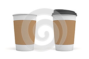 3d rendering of two white coffee cups with carton sleeves one, one cup with a black lid and one open.