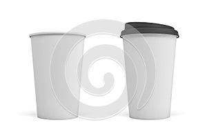 3d rendering of two white coffee cups one with a black lid and one open on a white background.