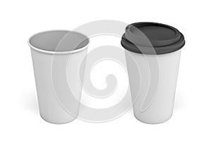3d rendering of two white coffee cups one with a black lid and one open on a white background.