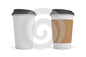 3d rendering of two white paper coffee cups with black lids, one clear white and white with a brown stripe.