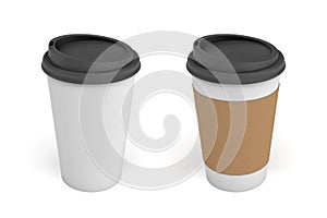 3d rendering of two white paper coffee cups with black lids, one clear white and white with a brown stripe.