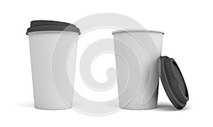 3d rendering of two white paper coffee cups with black lids, one closed and one open and leaning on the cup