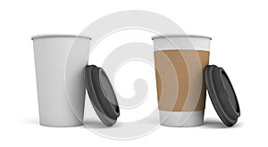 3d rendering of two white paper coffee cups with open black lids, one of the cups with a brown holding stripe.