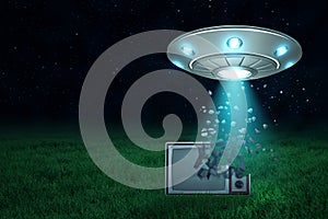 3d rendering of UFO in air at night with light coming out of its open hatch onto old TV set starting to dissolve into