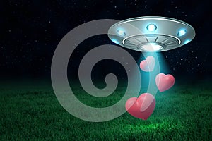 3d rendering of UFO in air at night with three cute red hearts falling down from its open hatch onto green lawn.