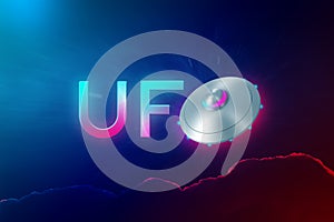 3d rendering of UFO neon sign with silver metal flying saucer instead of letter O on dark blue background