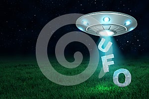 3d rendering of a UFO at night above a green meadow with letters U-F-O falling down from its open hatch.