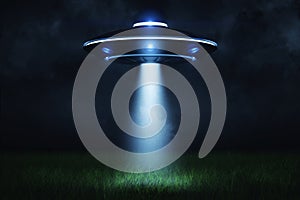 3d rendering of a UFO at night with a beam of light coming out of the hatch and lighting a landing point in the green