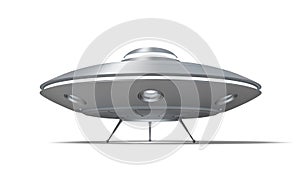 3d rendering of a UFO standing on the ground with its hatch open isolated on a white background.