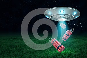 3d rendering of UFO under night sky dropping three dynamite bundles from its open hatch down onto green field.