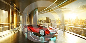 3D rendering an unbranded luxury sports car is parked outside the office with stunning sunrise views of the city skyline