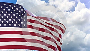 3D rendering of United States of America flag waving on blue sky background