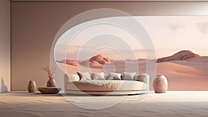 3D rendering of an upholstery cushion sofa in a living room with desert view background.