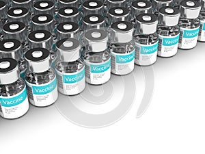 3d rendering of vaccine vials in row isolated over white