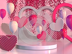 3d rendering valentine podium stage with tree balloon and love