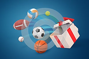 3d rendering of various sport balls jumping out of a big white gift box on blue background.