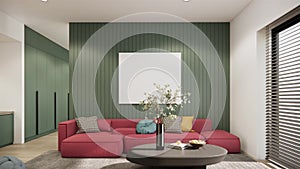 3d rendering video 4K. Close up frontal view living room interior design and decoration with green wall, red sofa