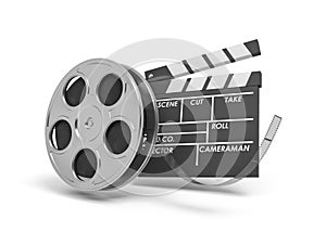 3d rendering of a video reel aand black clapperboard with empty fields on white background.