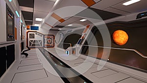 3D rendering of a view of the red planet Mars through the window of a space ship