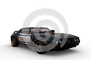 3D rendering of a vintage American high performance police car isolated on a white background