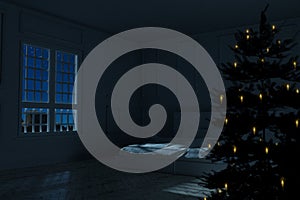 3d rendering of vintage bedroom with christmas tree at night