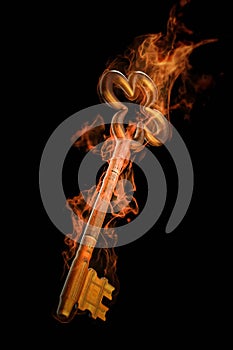 3D Rendering of a Vintage Brass Key Burning in Flame