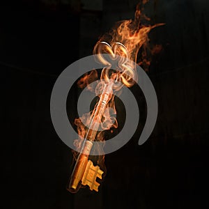 3D Rendering of a Vintage Brass Key Burning in Flame