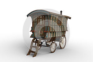 3D rendering of a vintage Romany gypsy caravan decorated with turquoise and green flowers isolated on white