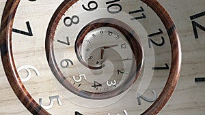 3D Rendering Vintage wood round clock face spinning zoom out.