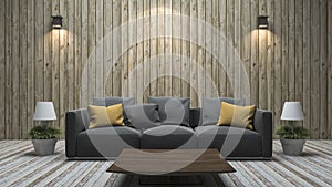 3d rendering vintage wood wall living room with colorful sofa