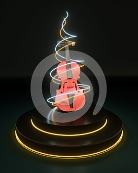 3d rendering of violin solo performance on round podium with spiral lights black background