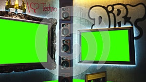 3D rendering Virtual studio with music stage. Displays with green screen banners mock up, loudspeakers, cassette and