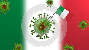 3D Rendering of virus cells holding Italian flag on a background