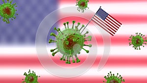 3D Rendering of virus cells holding USA flag on a background