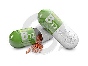 3d rendering vitamin B12 pills over white background. Concept of dietary supplements