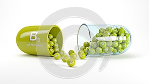 3d rendering of a vitamin capsule with vitamin B3 - nicotinic acid