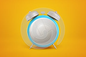 3d rendering of volleyball ball shaped as alarm clock on yellow background