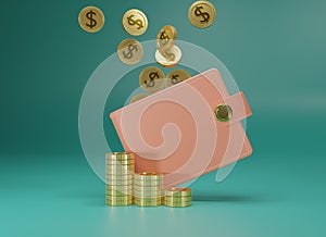 3d rendering Wallet and gold coins on green background. Falling and stack coins and orange purse. Cashless society concept. Growth