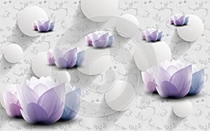 3d rendering wallpaper abstract background with gray white circles and gray background and purple pink flowers . modern abstract