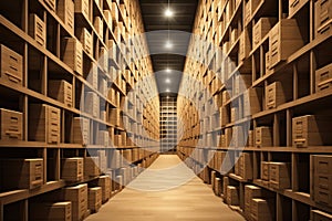 3D rendering of a warehouse with rows of wooden boxes in a row, Warehouse or warehouse with rows of shelves and rows of wooden