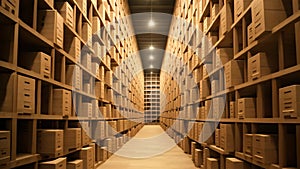 3D rendering of a warehouse with rows of wooden boxes in a row, Warehouse or warehouse with rows of shelves and rows of wooden