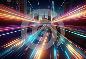 3D Rendering of warp speed in hyper loop with blur light from buildings\' lights in mega city at night