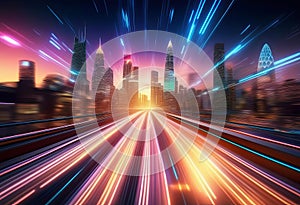 3D Rendering of warp speed in hyper loop with blur light from buildings\' lights in mega city at night