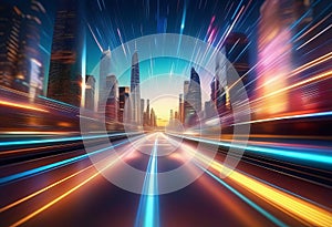 3D Rendering of warp speed in hyper loop with blur light from buildings\' lights in mega city at night