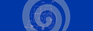 3d rendering of wheel chair on a blue background blueprint