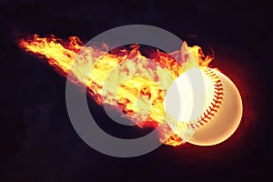 3d rendering of a white baseball ball with red seams is caught in flames while it flies on dark background.