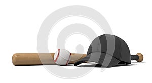 3d rendering of a white baseball with red stitching, black baseball cap and wooden bat on white background.