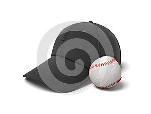 3d rendering of a white baseball with red stitching lying near a black baseball cap on a white background.